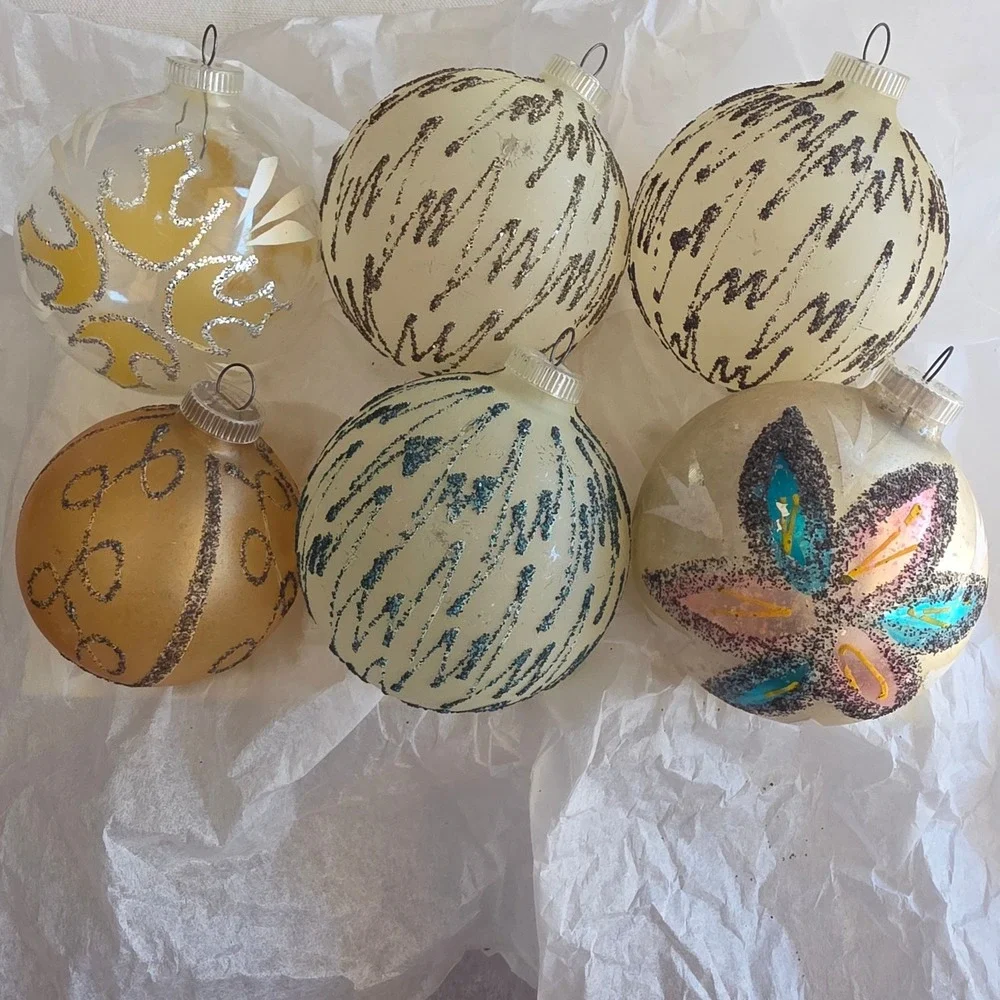VTG West Germany Glass Christmas Ornaments Glitter Mica MCM D.B.G.M. Lot of 6